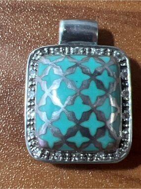 Angelique de Paris .925 Silver Zircon & Resin Blue Teal Square Pendant Charm